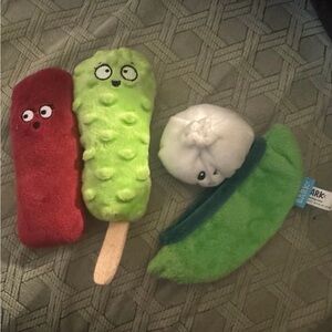 Bark Box Plush Dog Toys, assorted food, dumpling, bacon strip, pickle, pea pod